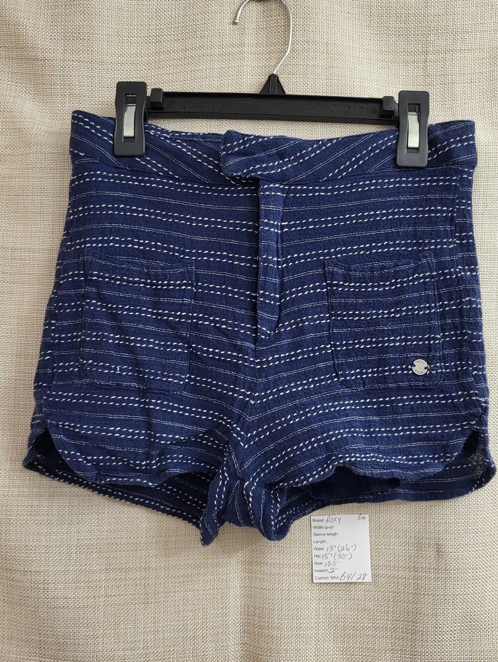 Roxy Oceanside Yarn Dyed Navy White Striped Shorts Size Small Beach High Waist